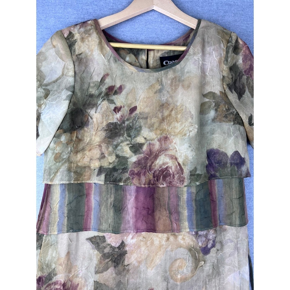 Choon California Vintage Floral Layered Maxi Dress Short Sleeve Earthy Purple